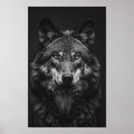 Póster Majestuoso Poster de retrato de lobo blanco y negr