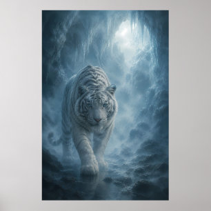 Póster Majestuoso Tigre Blanco Bajo la Luna Llena Azul