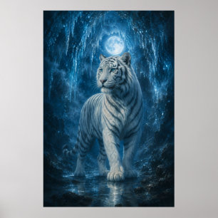 Póster Majestuoso Tigre Blanco Bajo la Luz de la Luna F