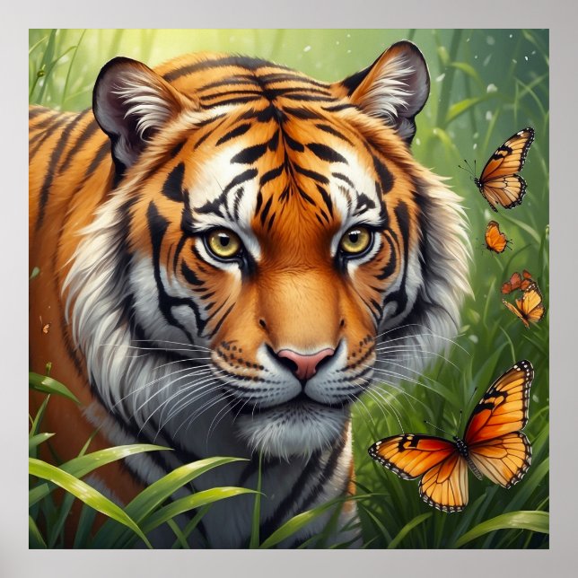 Póster Majestuoso tigre con mariposas en la selva (Frente)