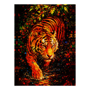 Póster Majestuoso tigre en agua salpicadura colorida