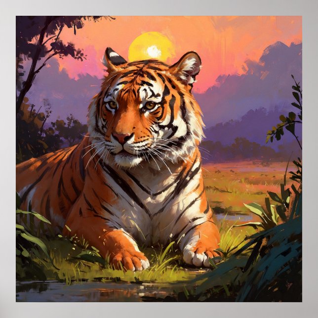 Póster Majestuoso Tigre Mentiroso Al Amanecer (Frente)