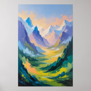 Póster Majestuoso Valle Montañoso con Paisaje de Luz Suav