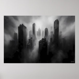 Póster Majestuosos rascacielos envueltos en niebla dramát