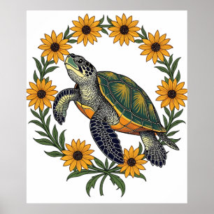 Póster Malaclemys Terrapin y flores de Susana de ojos neg