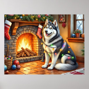 Póster Malamute de Alaska Chimenea con Luces de Navidad