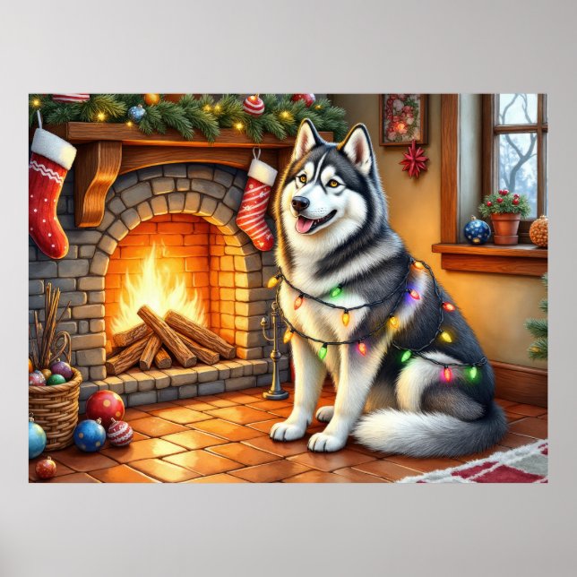 Póster Malamute de Alaska Chimenea con Luces de Navidad (Frente)