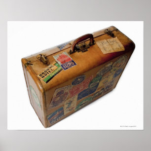 Póster maleta antigua con pegatinas de viajes