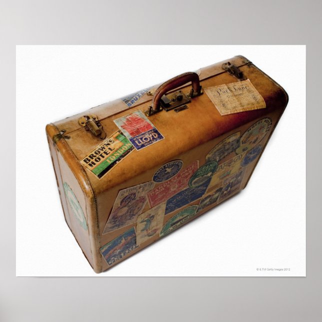 Póster maleta antigua con pegatinas de viajes (Frente)