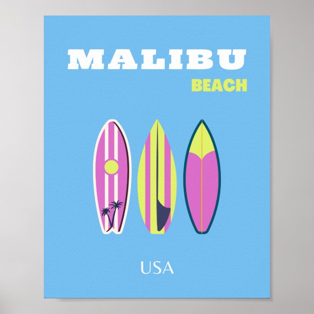 Póster Malibu, Playa de Malibu, Tropical, Preppy, Azul (Frente)