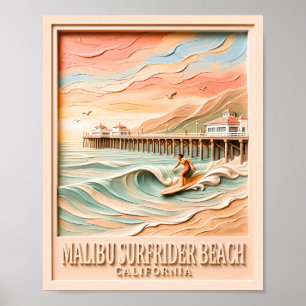Póster Malibu Surfrider Beach Surfing 3D Texturizado Vint