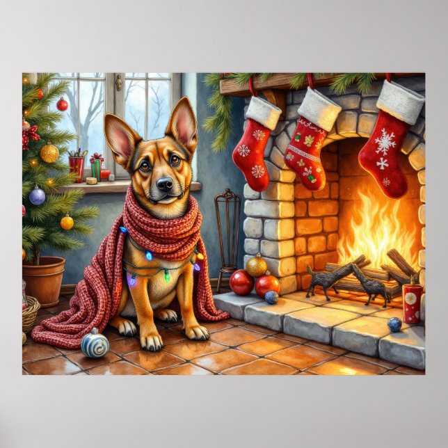 Póster Malinois Belga Chimenea con Luces de Navidad (Frente)