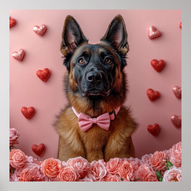 Póster Malinois Belga con Rosas - Día de San Valentín  (Frente)