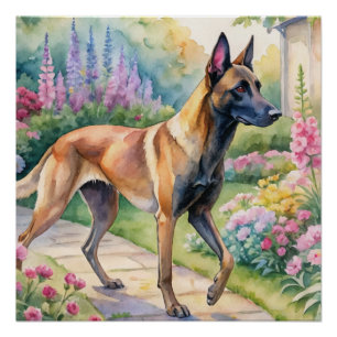 Póster Malinois Belga Tricolor Acuarela en Jardín