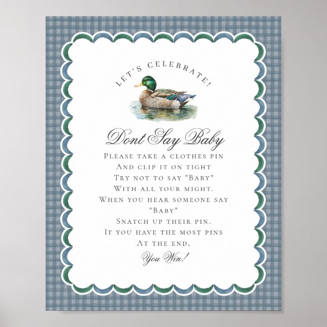 Póster Mallard Duck Hunting Gingham Dont Say Baby Sign (Frente)