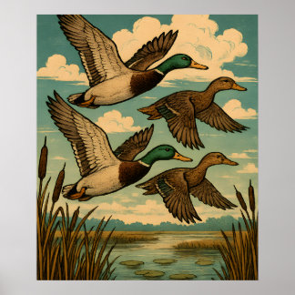 Póster Mallard Ducks in Flight Wildlife Art
