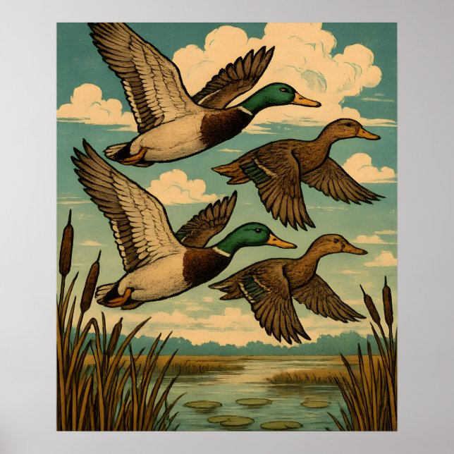 Póster Mallard Ducks in Flight Wildlife Art (Frente)