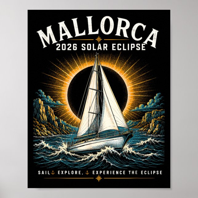 Póster Mallorca 2026 Eclipse Solar en Barco y Explorar (Frente)
