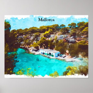 Póster Mallorca España Vista panorámica de acuarela Paisa