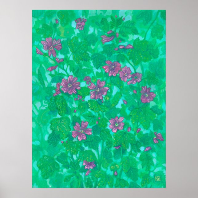 Póster Mallow Bloom, Malva Flowers Summer Floral Painting (Frente)