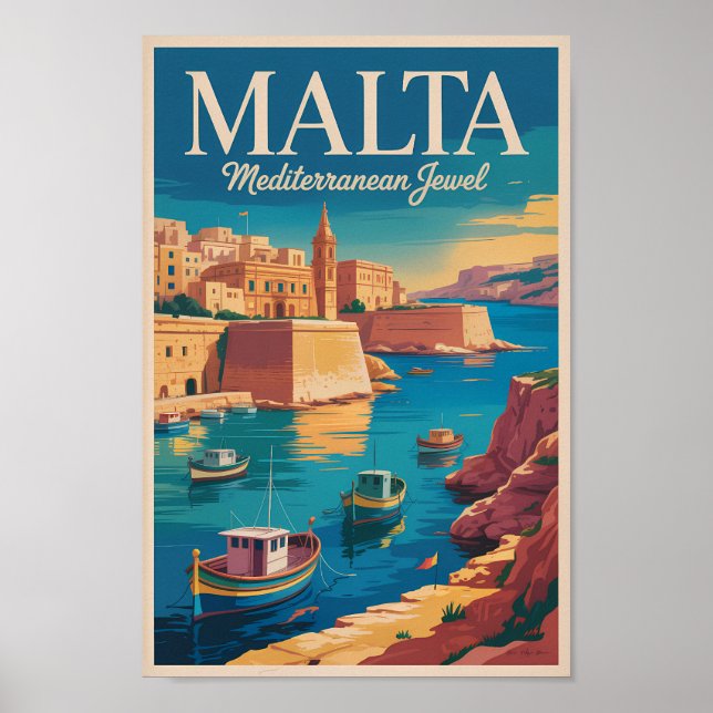 Póster Malta Coast Illustration Travel Art Vintage (Frente)