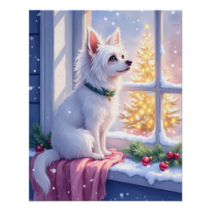 Póster Maltés acogedor junto a ventana nevada Arte navide