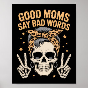 Póster Mamá con moño desordenado esqueleto divertido
