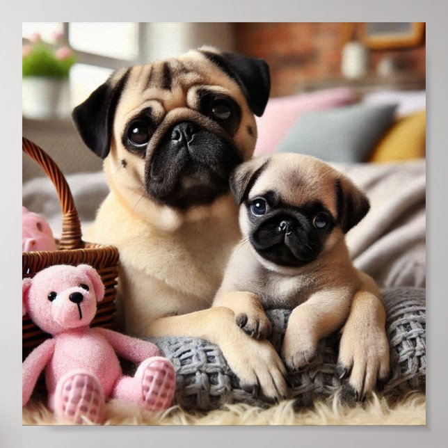 Póster Mamá de Pug y su cachorro (Frente)