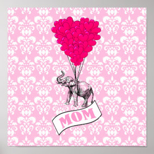 Póster Mamá, elefante y globos de corazón