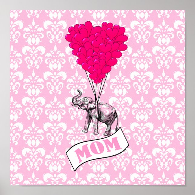 Póster Mamá, elefante y globos de corazón (Frente)