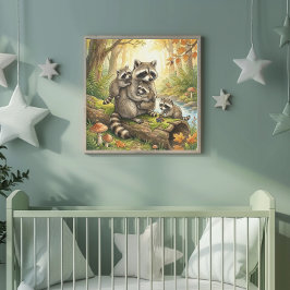 Póster Mamá Mapache y sus Bebés Guardería