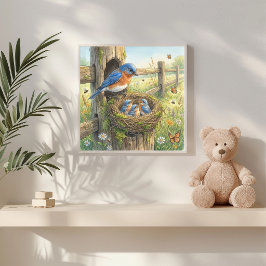 Póster Mamá Pájaro Azul y sus Crías Guardería