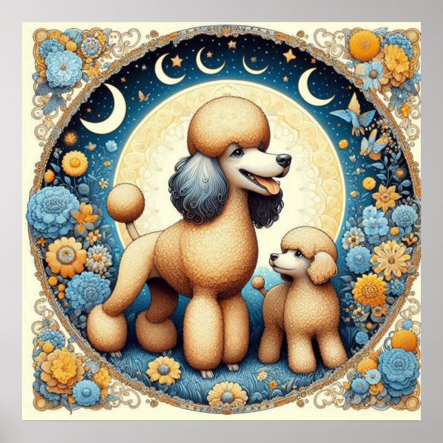 Póster Mamá perro caniche con cachorro (Frente)