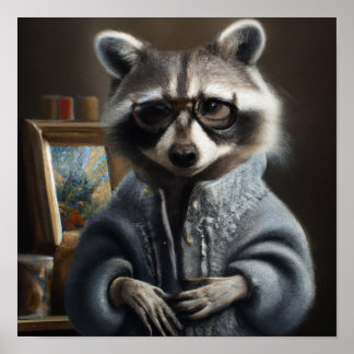 Póster Mama Raccoon con un abrigo de tricot y gafas