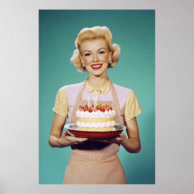 Póster Mamá retro sostiene un pastel de celebración (Frente)