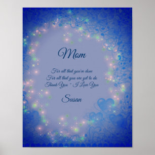 Póster Mamá te amo los corazones azules personalizados