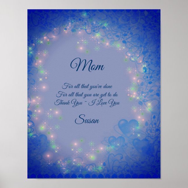 Póster Mamá te amo los corazones azules personalizados (Frente)