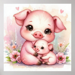 Póster Mamá y Bebé Cerdo