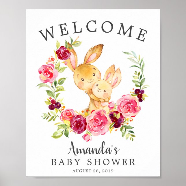 Póster Mamá y bebé conejito Bienvenidos a Baby Shower Pos (Frente)