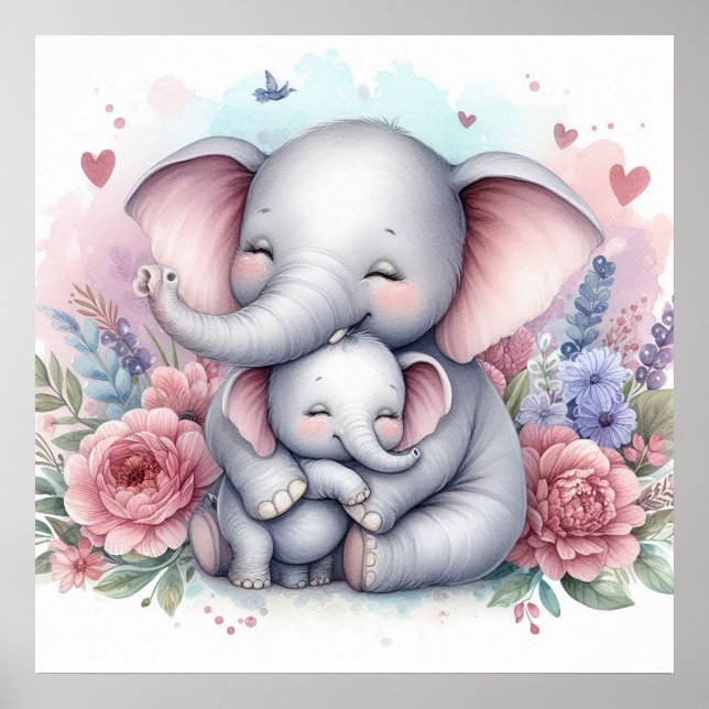 Póster Mamá y bebé elefante (Frente)