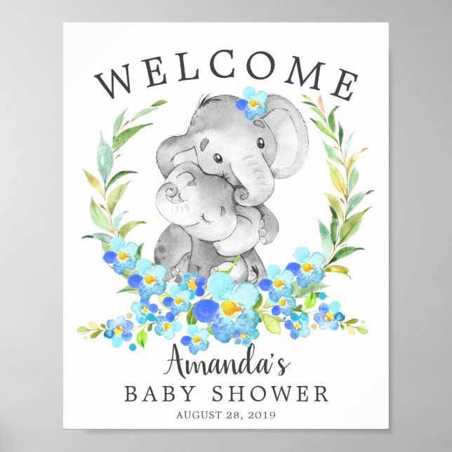 Póster Mamá y bebé elefante bienvenidos a Baby Shower Pos (Frente)