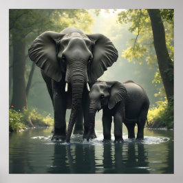 Póster Mamá y bebé elefante en la selva lluviosa africana