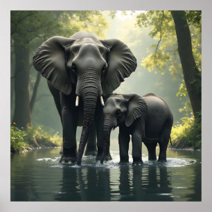 Póster Mamá y bebé elefante en la selva lluviosa africana