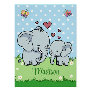 Póster Mamá y bebé elefante lindos, personalizado