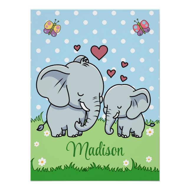 Póster Mamá y bebé elefante lindos, personalizado (Anverso)