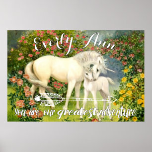 Póster Mamá y bebé unicornio entre flores en primavera