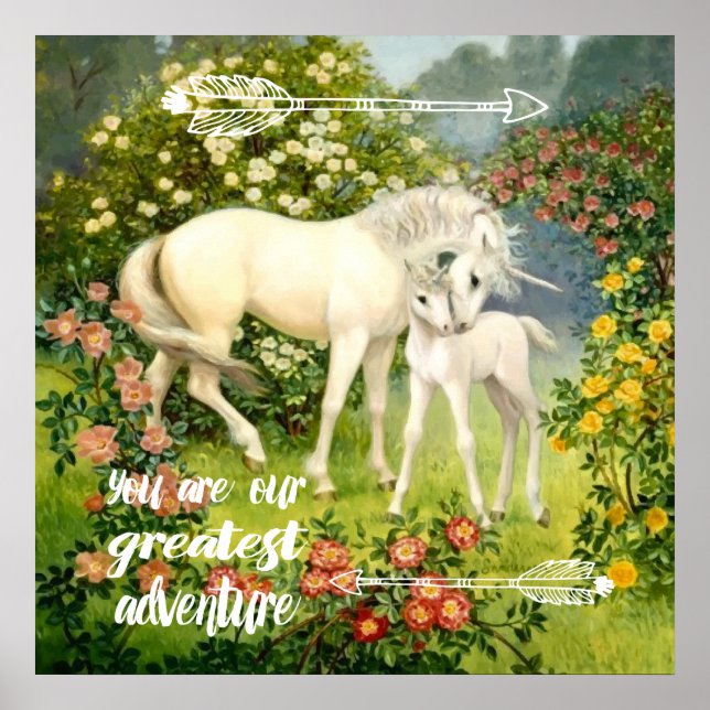 Póster Mamá y bebé unicornio entre flores en primavera (Frente)