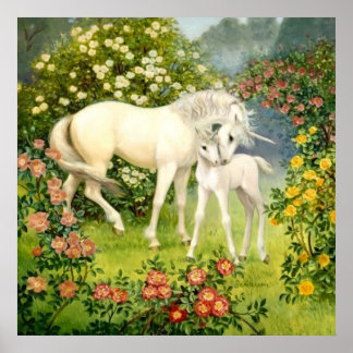 Póster Mamá y bebé unicornio entre flores en primavera
