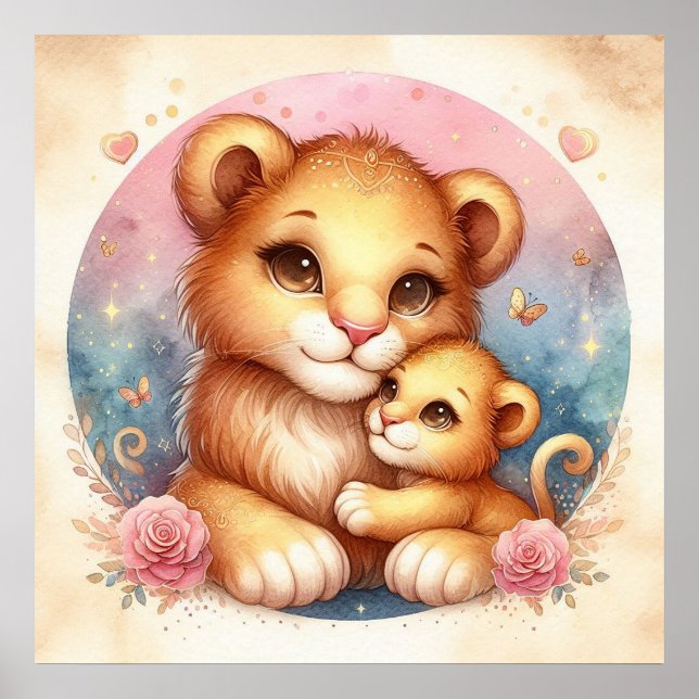 Póster Mamá y cachorro de león (Frente)