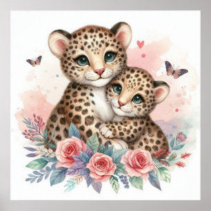 Póster Mamá y cachorro de leopardo 